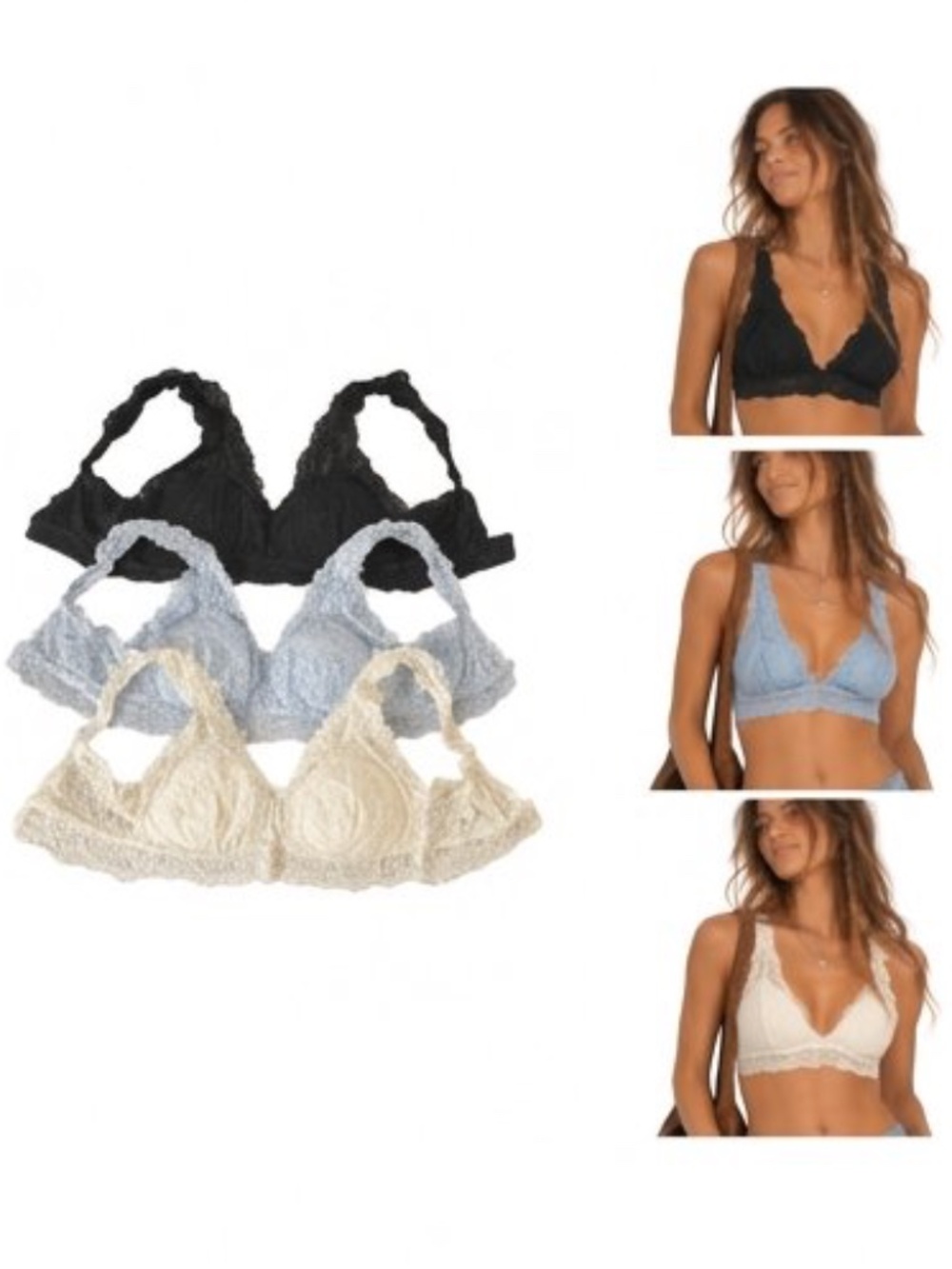 NWT Aerie Lace Wireless Bra 3-Pack Bundle, Black, Light Blue, Cream